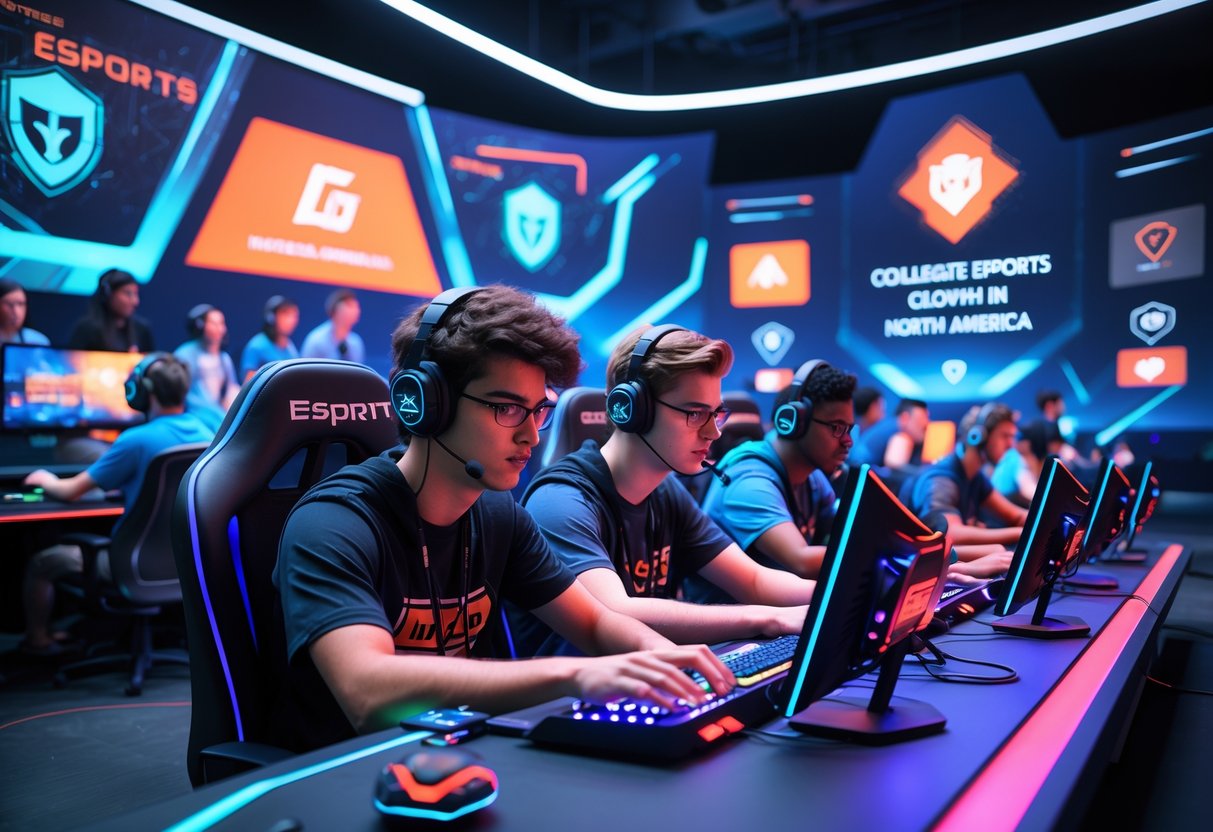 A group of college students playing esports together in a modern gaming arena with multiple screens and colourful lighting.