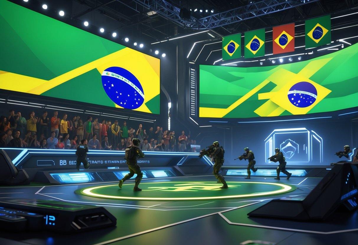 A 3D scene showing a vibrant esports arena with Brazilian colours, featuring digital players in FPS action and a crowd watching the competition.