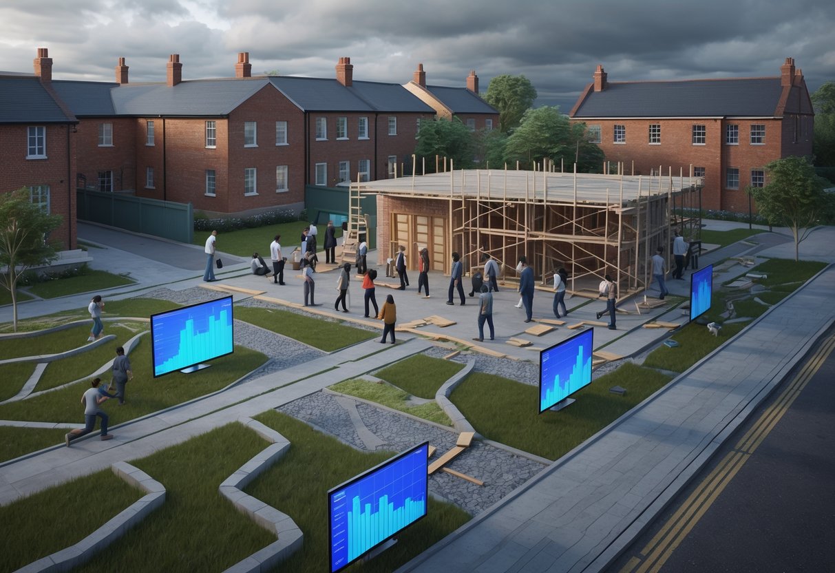 A group of diverse people working together in a UK urban neighbourhood with construction and broken pathways symbolising challenges in community development.