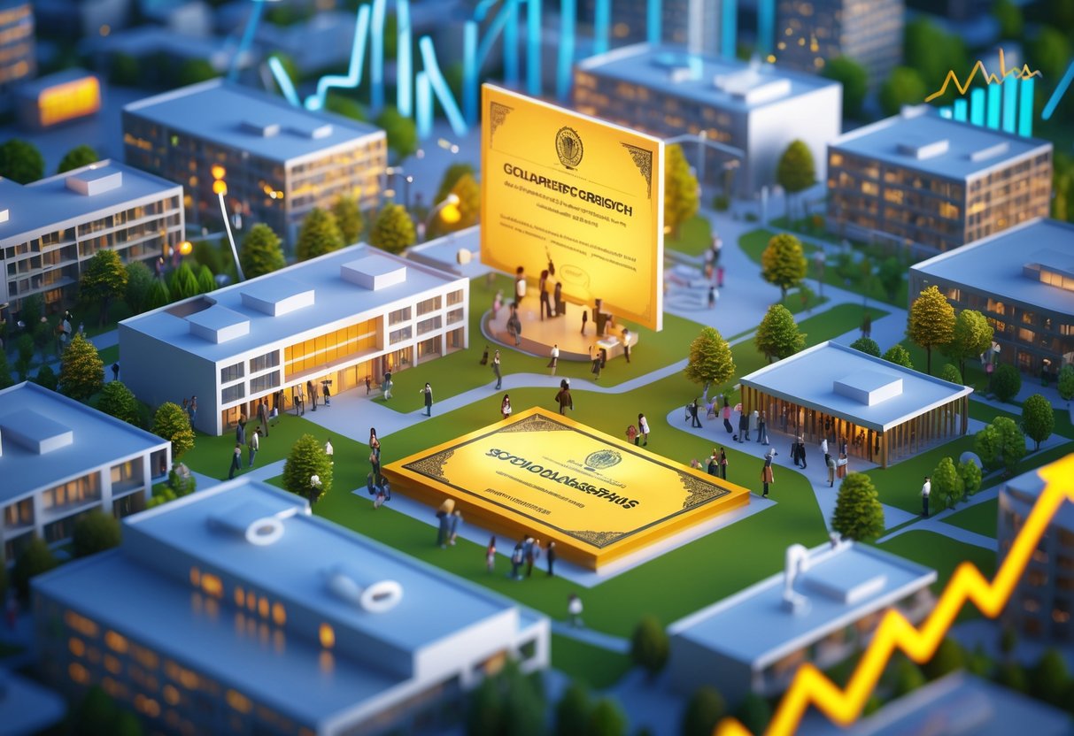 A university campus with students studying and collaborating, surrounded by symbols of scholarships and sponsorships, with graphs indicating growth.
