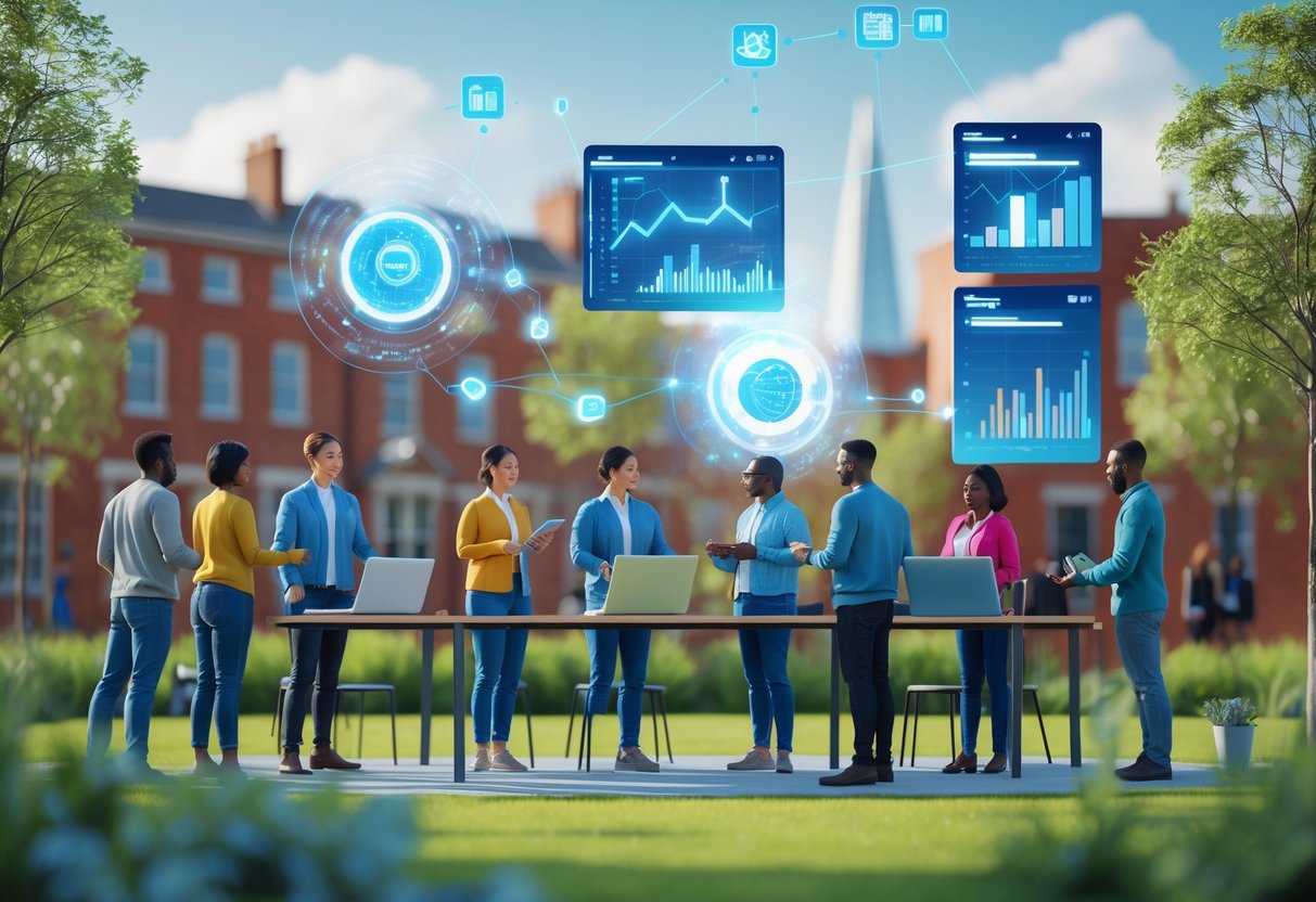 A group of people working together outdoors with digital interfaces and technology in a UK community setting surrounded by trees and buildings.