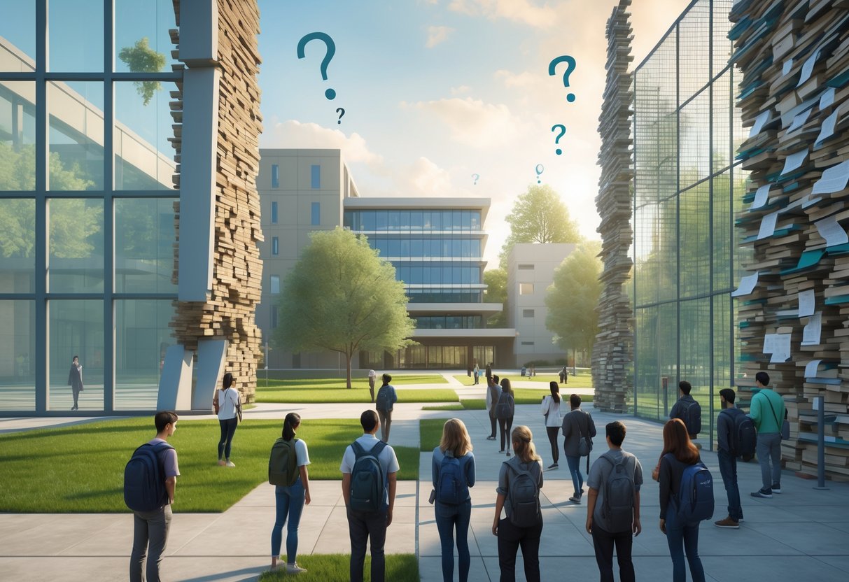 A university campus with students facing large barriers like glass walls and locked gates, symbolising challenges to growth.