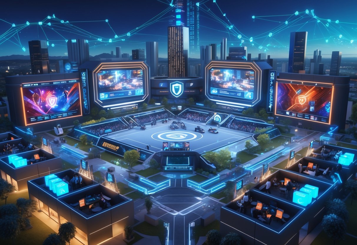 A futuristic university campus with students playing esports in a high-tech arena surrounded by study areas and a city skyline with digital connectivity elements.