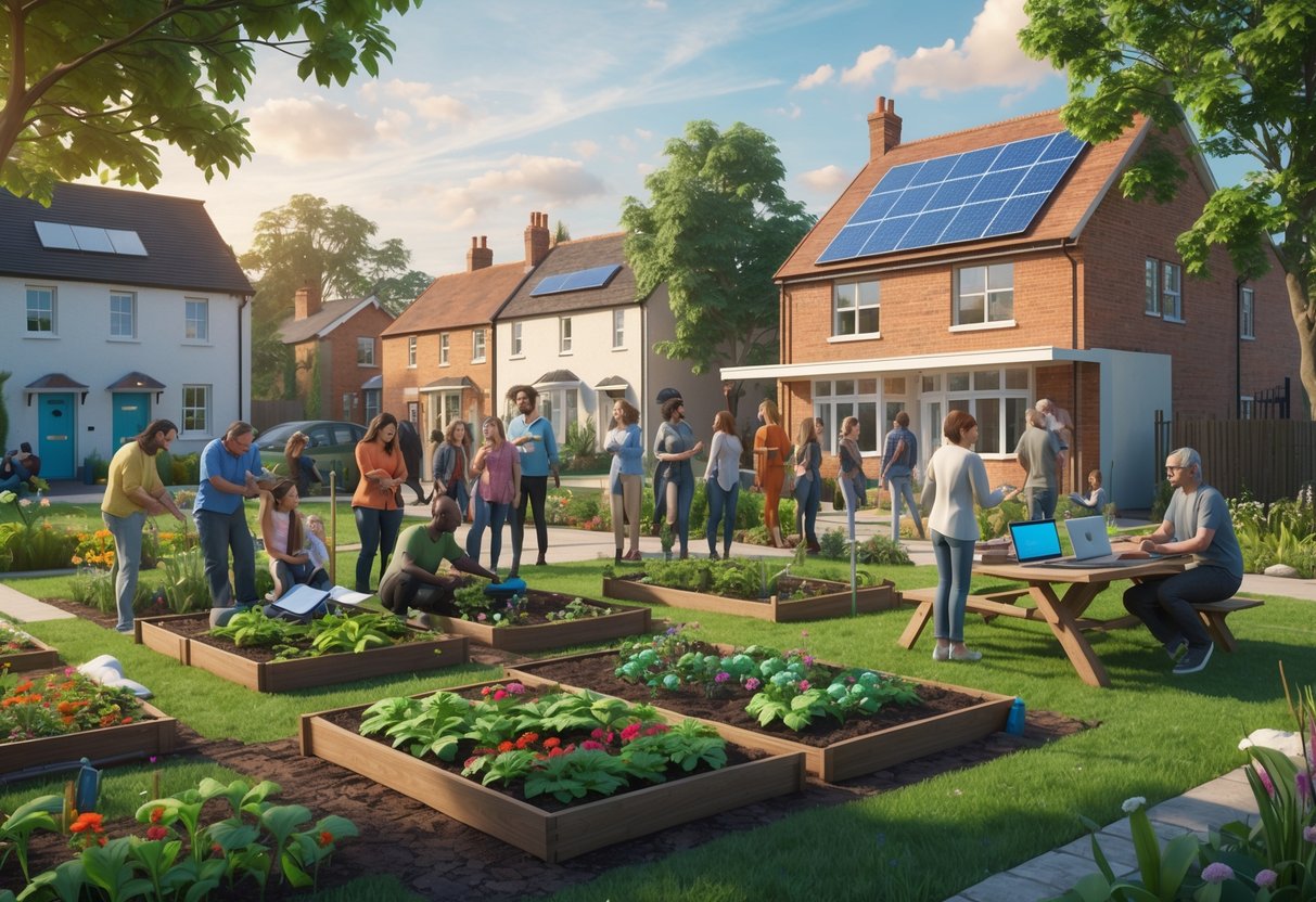 A community of diverse people working together in a green park with gardens and houses, showing teamwork and neighbourhood development.