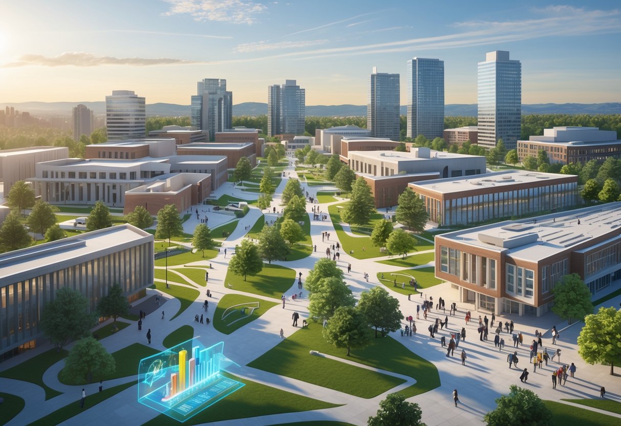 A university campus with academic buildings, students walking and talking, green spaces, and city buildings in the background representing growth and development.