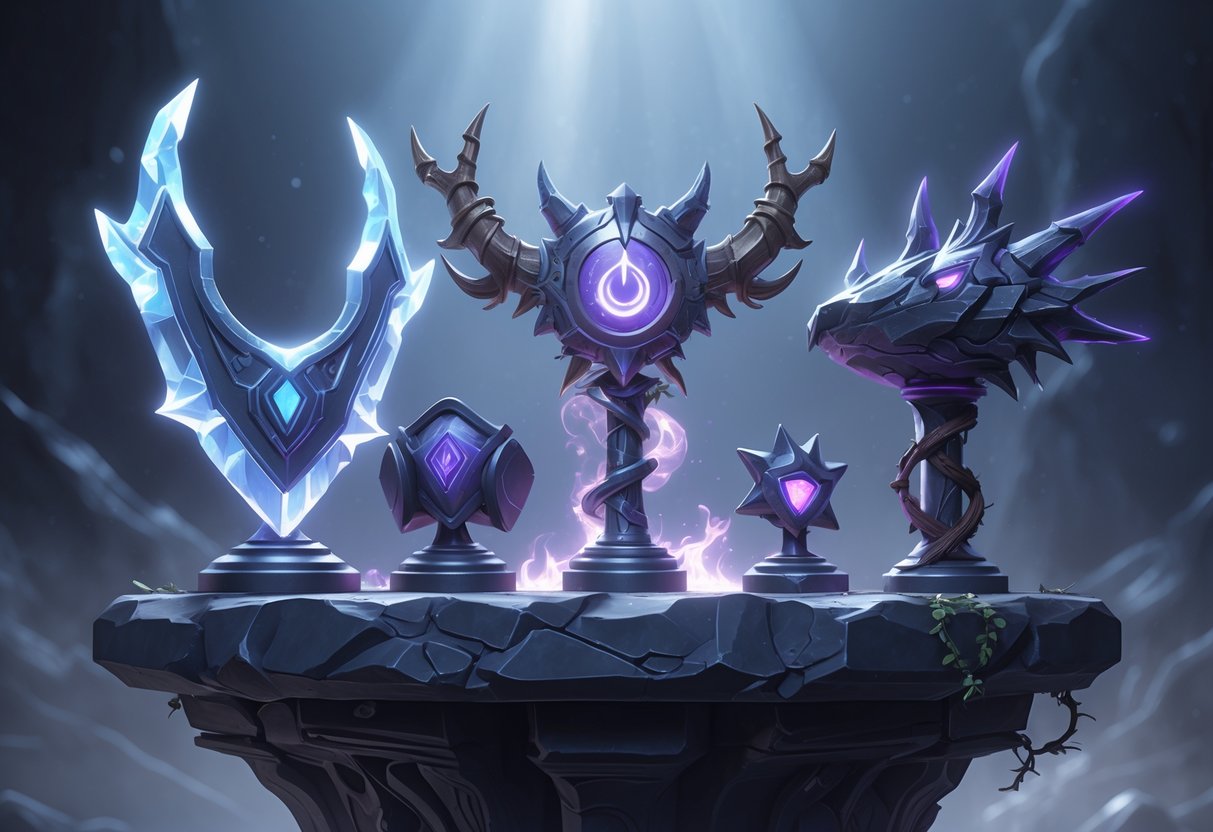 A collection of iconic League of Legends items displayed on a stone pedestal with glowing effects and detailed textures, set against a dark mystical background.