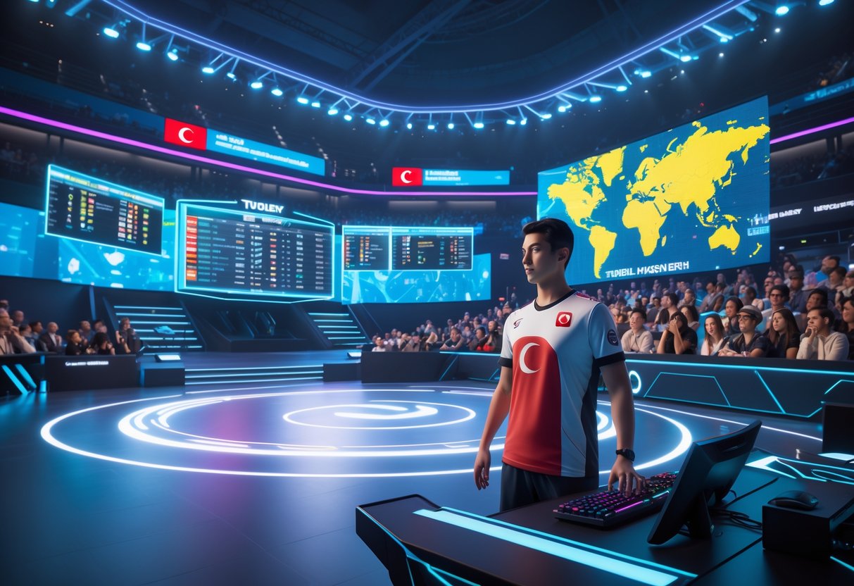 A 3D scene of an esports tournament arena showing a player representing Turkey on stage with a glowing map highlighting Turkey as a wildcard region.