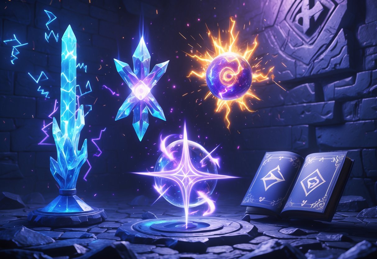 A collection of glowing magical items including a staff, orb, amulet, and tome floating in a dark chamber with glowing runes and magical light.