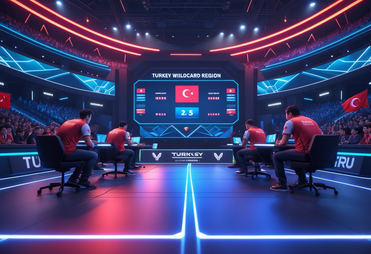 A 3D scene showing two esports teams competing on a futuristic stage with a scoreboard and a crowd in a Turkish-themed arena.