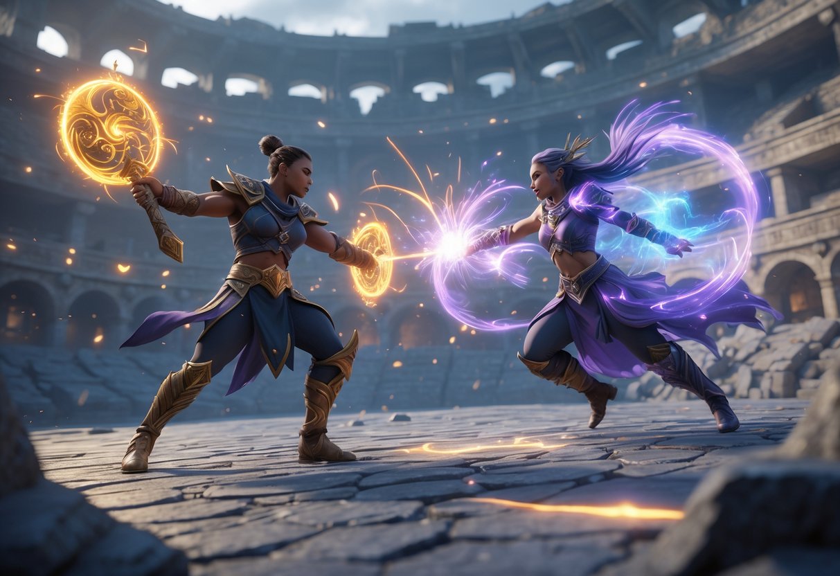 Two fantasy champions fighting in an ancient coliseum, with glowing weapons and magical effects surrounding them.