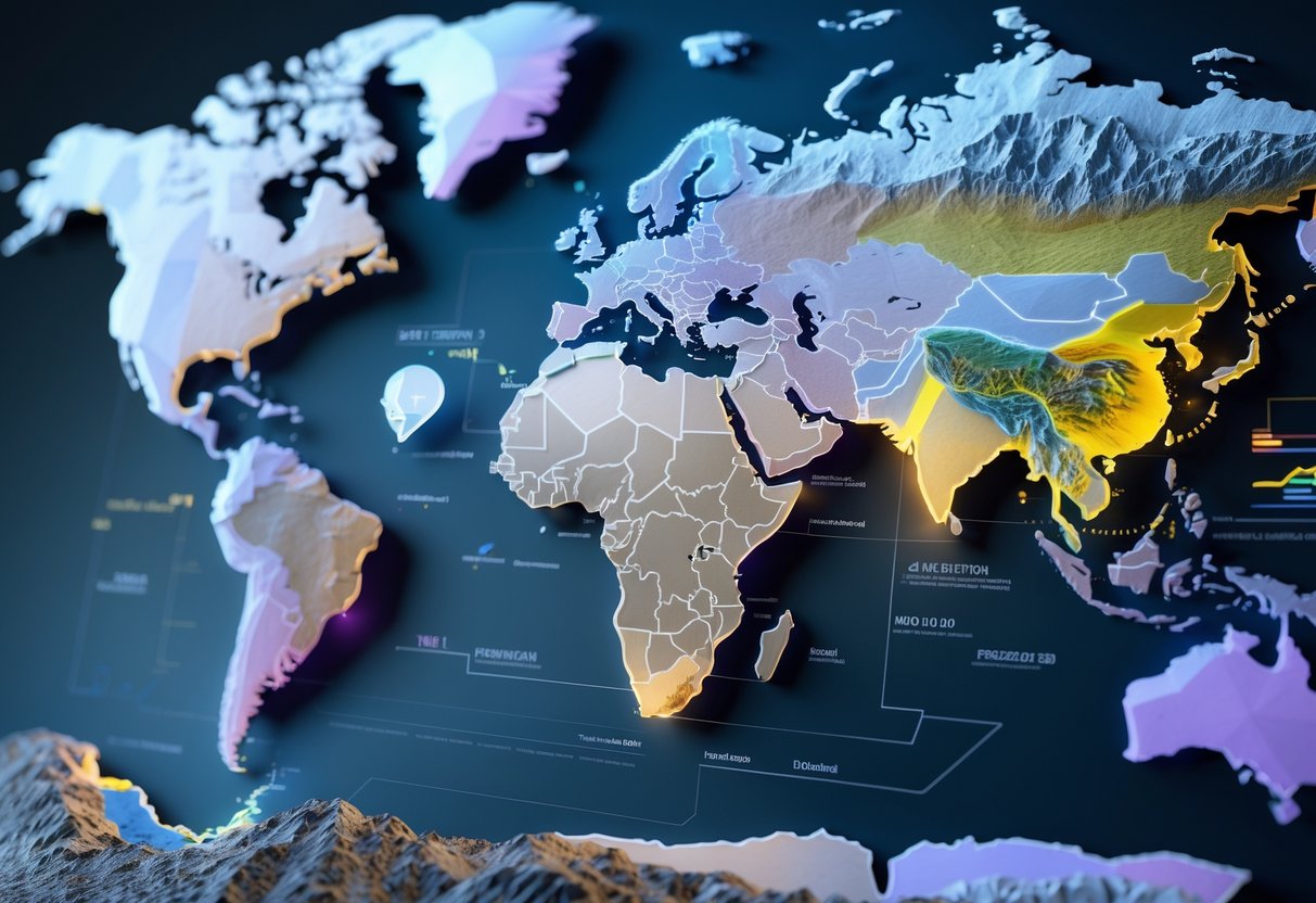 A 3D world map highlighting Turkey and nearby regions with glowing effects and data visualisations showing a comparison.