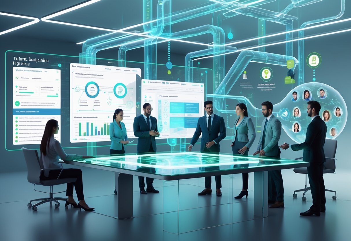 A modern office scene showing professionals working together around a digital table with holographic pipelines and data visuals representing the hiring process for cybersecurity roles.