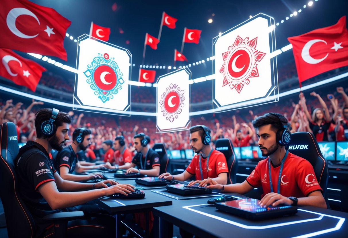A lively esports arena with Turkish players competing intensely at gaming stations, surrounded by fans waving Turkish flags and holographic displays of team symbols.