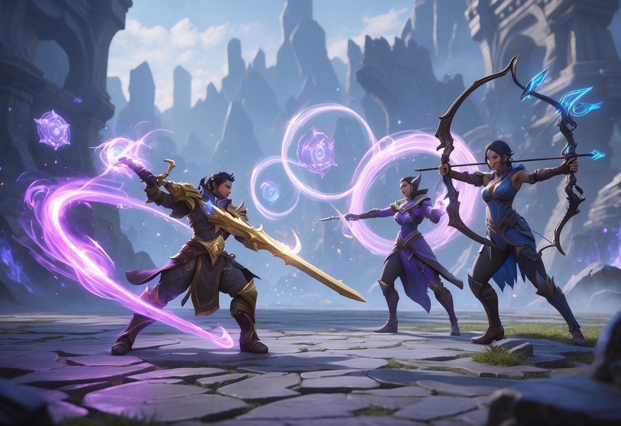 A fantasy battle scene showing different champions using new magical and mechanical weapons on a mystical battlefield with glowing item icons.