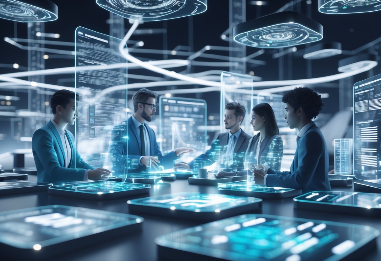 A futuristic scene showing diverse professionals collaborating with holographic data streams and digital nodes representing talent development in a modern city setting.