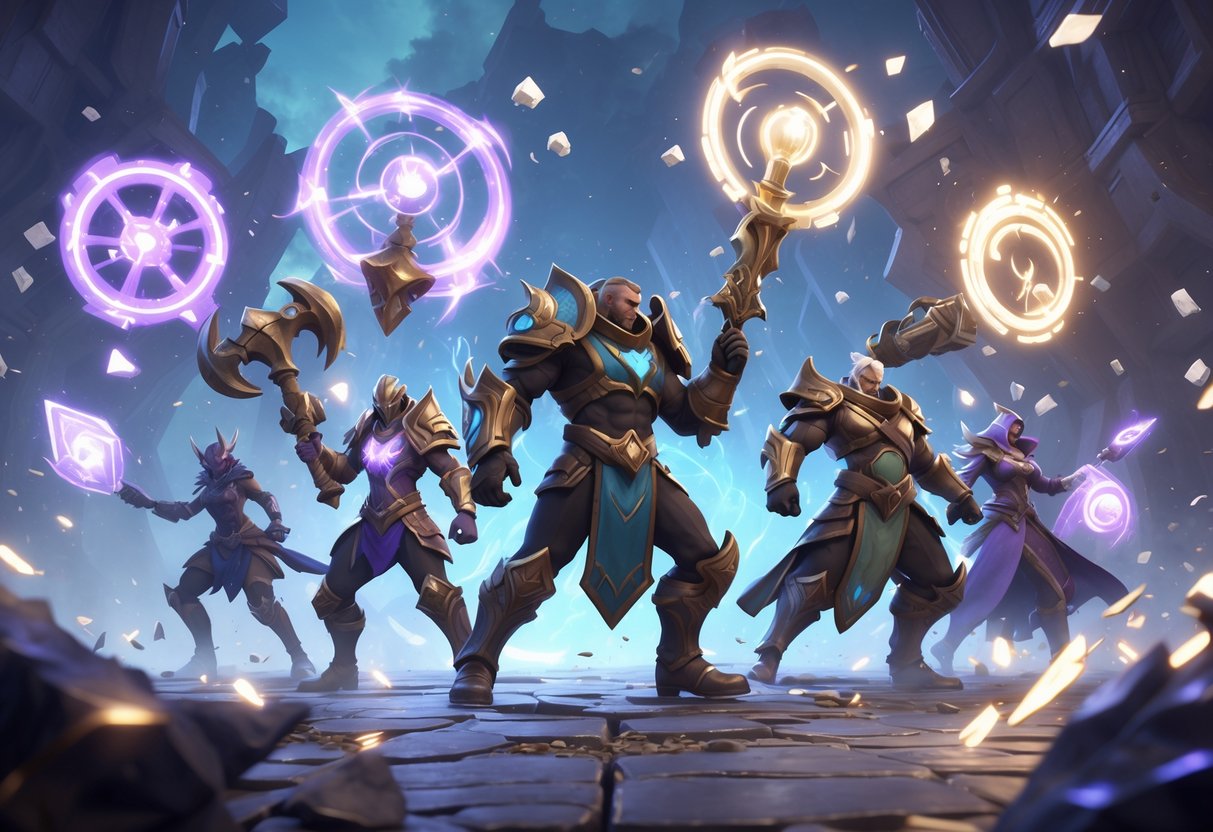 A group of League of Legends champions in a battle scene, each holding glowing new items, surrounded by floating fragments of equipment on a vibrant battleground.