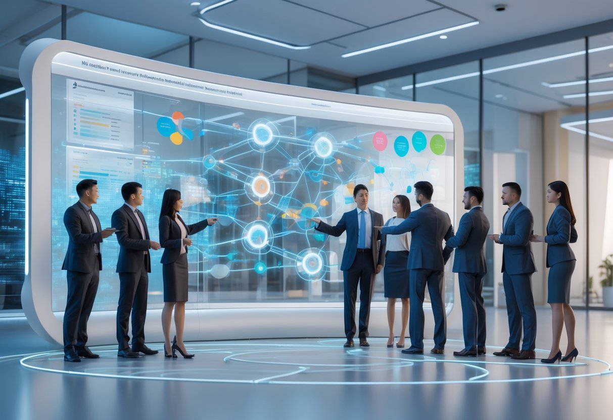 A group of professionals collaborating around a large digital interface showing interconnected pathways in a modern office setting.