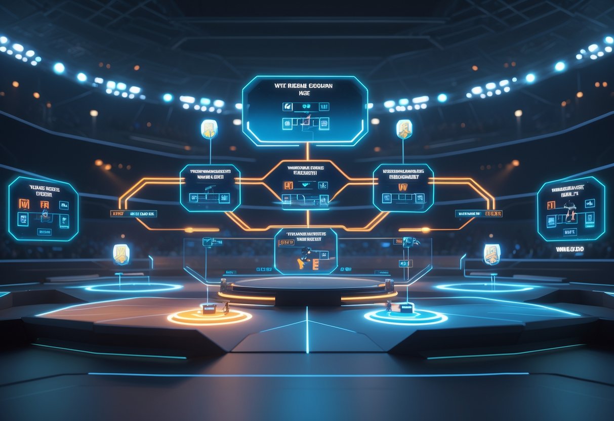 A 3D digital map showing the structure and progression of an esports tournament for the Turkey wildcard region with glowing brackets and team icons in a futuristic arena setting.