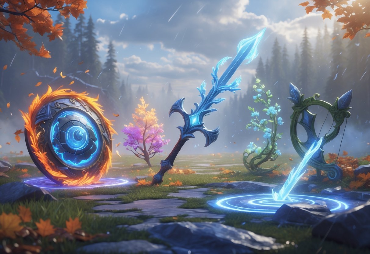 A fantasy battlefield showing magical weapons surrounded by seasonal elements like autumn leaves, frost crystals, blooming vines, and sunlight, with changing weather patterns in the background.