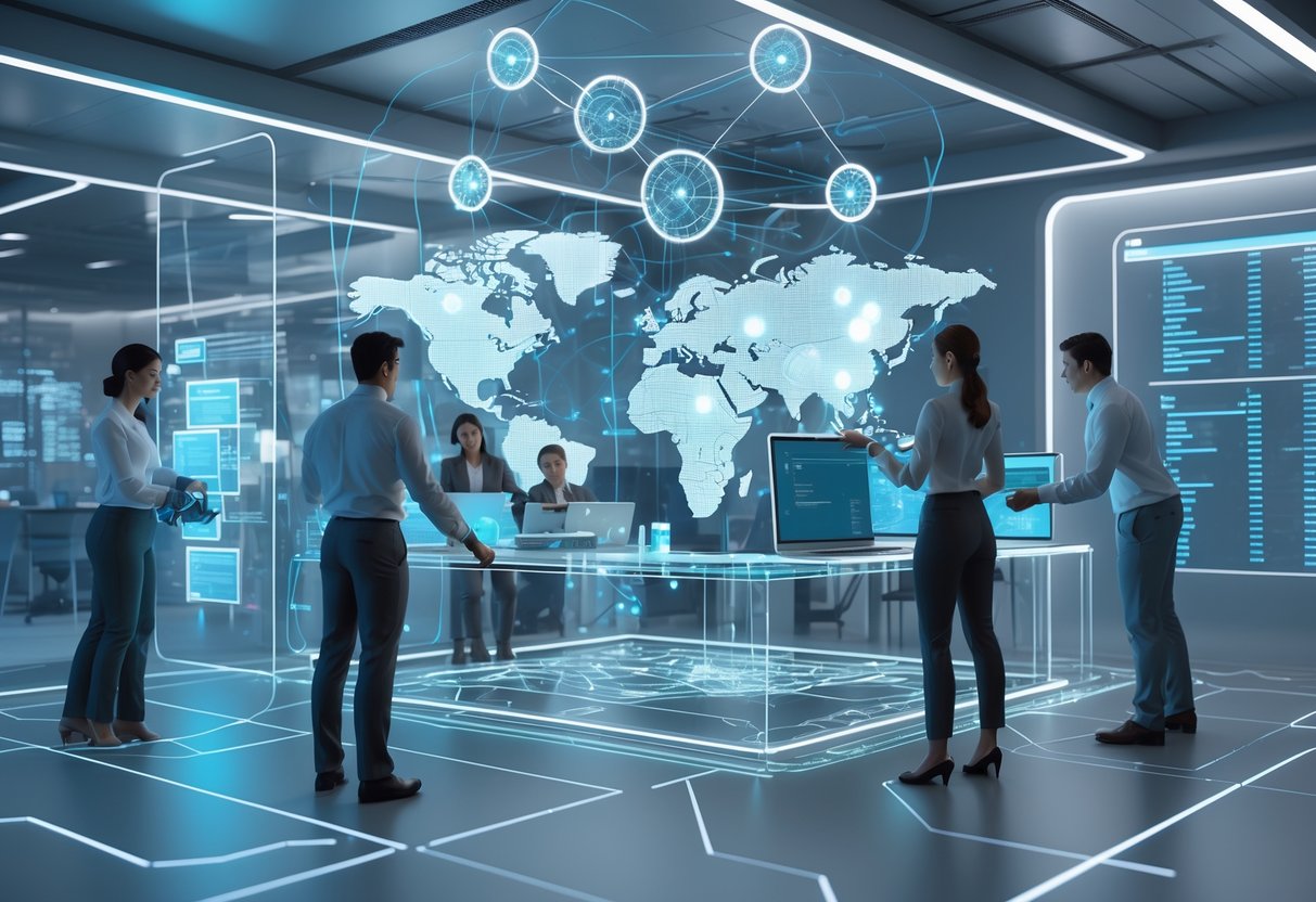 A futuristic office scene showing diverse professionals working with holographic digital interfaces and virtual maps representing talent pipelines in CIS countries.