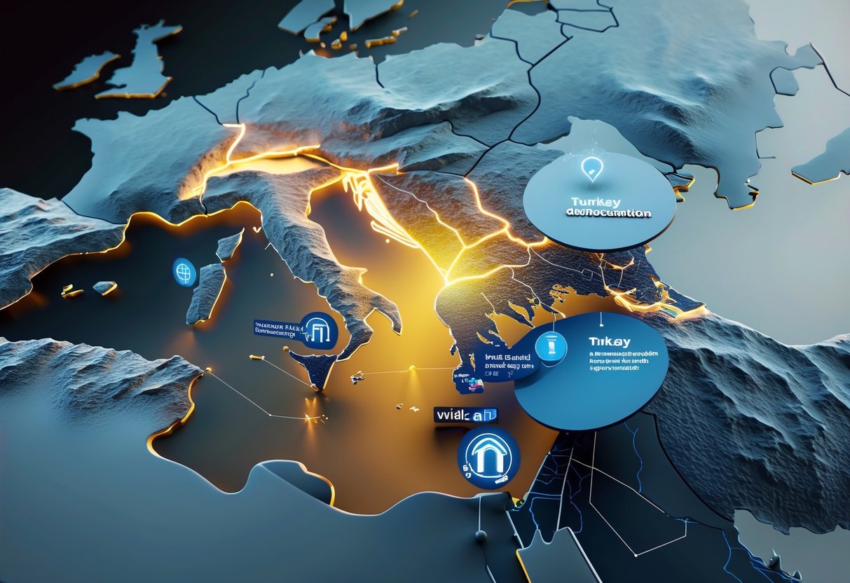 A 3D map of the EMEA region with Turkey highlighted and glowing at the centre, surrounded by muted neighbouring countries.
