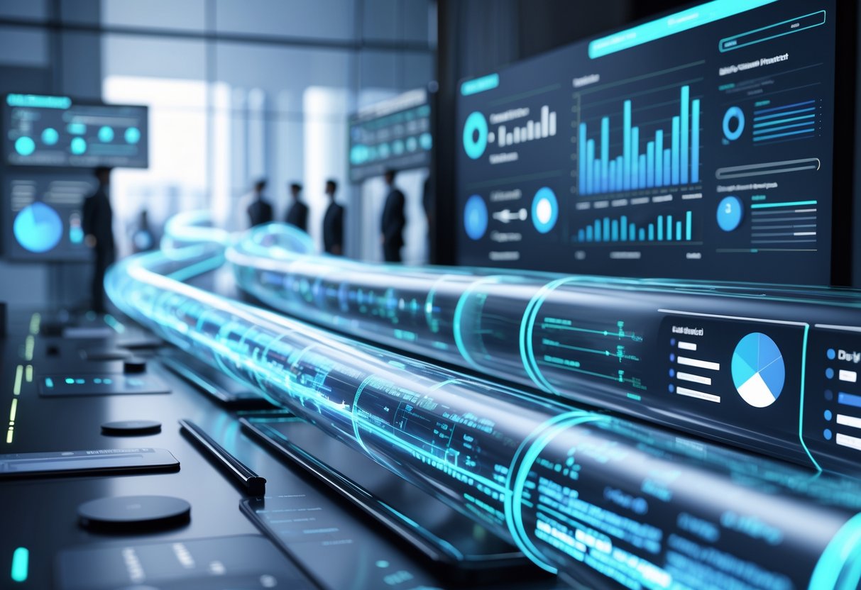 A 3D scene showing a transparent pipeline with glowing data streams and holographic charts, surrounded by people analysing and improving the flow of talent.