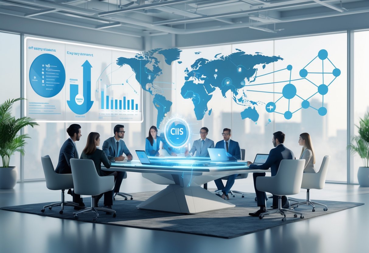 A group of diverse professionals collaborating around a conference table with digital charts and a map showing interconnected talent hubs in a bright modern office.