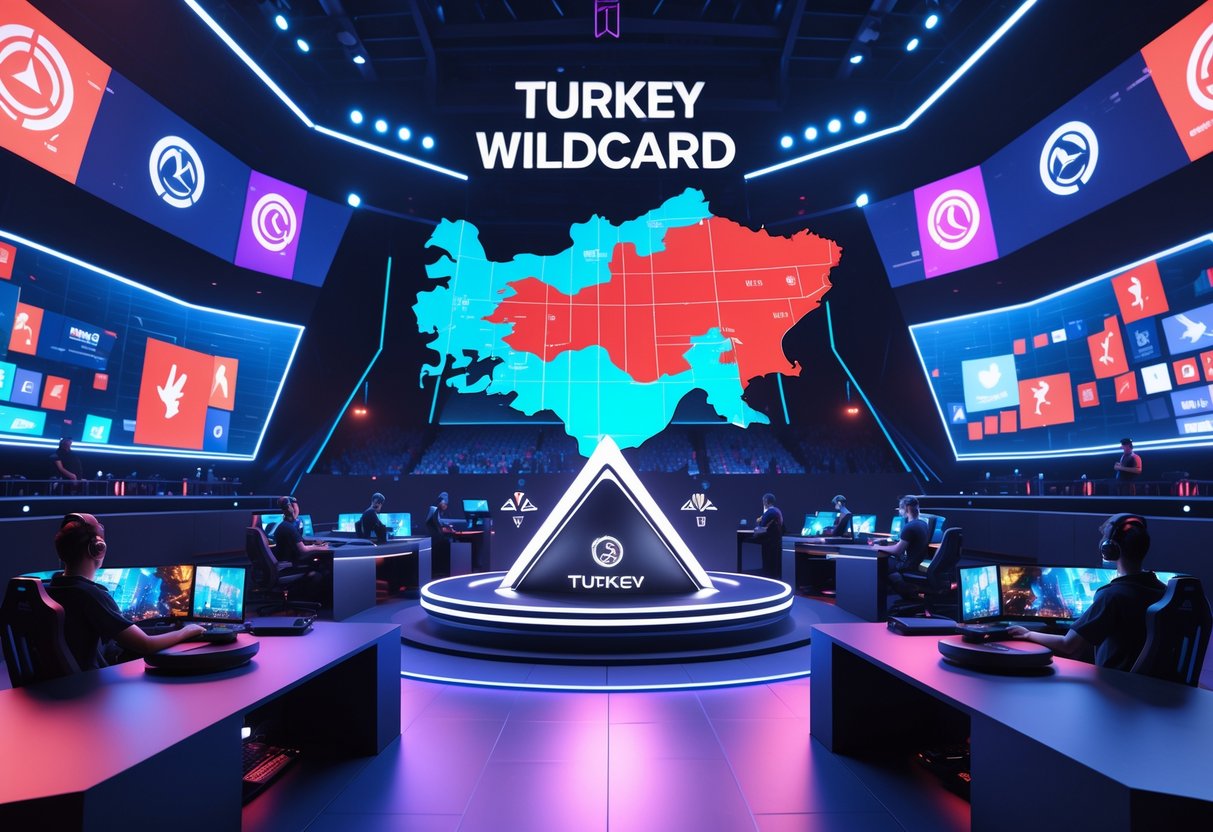 Esports arena with a holographic map of Turkey above a podium, surrounded by players competing and vibrant digital displays.