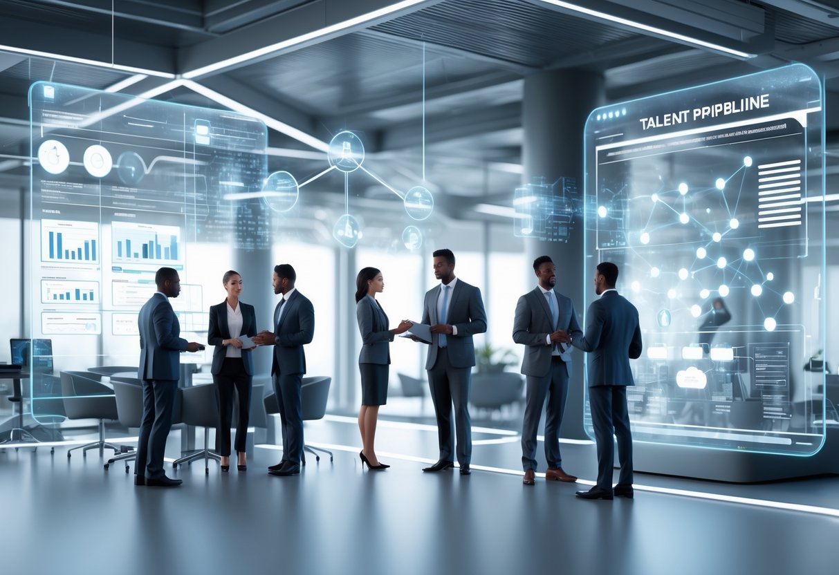 A modern office scene showing diverse professionals interacting with floating digital screens and holograms representing a talent pipeline and recruitment process.