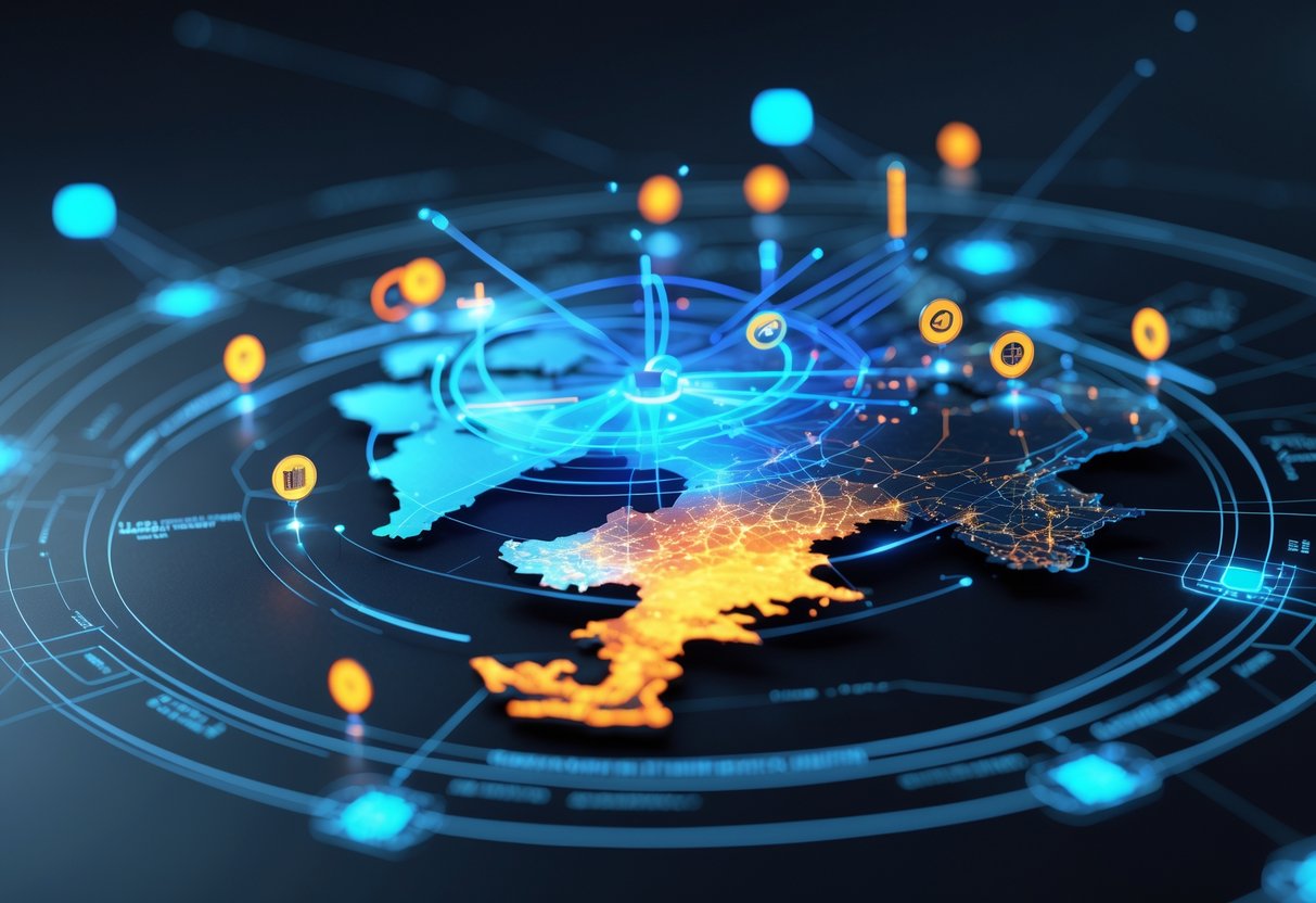 A 3D digital map highlighting Turkey with glowing lights and connected symbols representing its future potential.