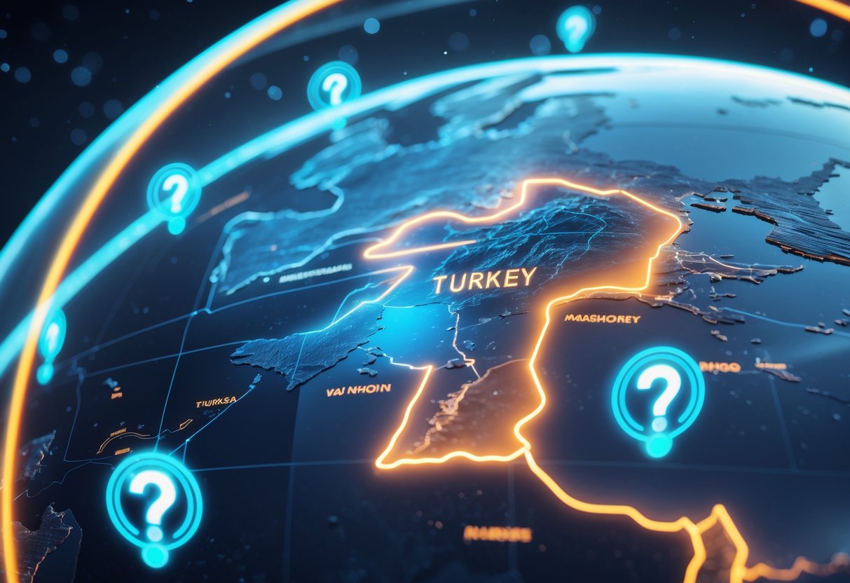 A 3D globe highlighting the Turkey region with glowing markers and floating question icons around it.