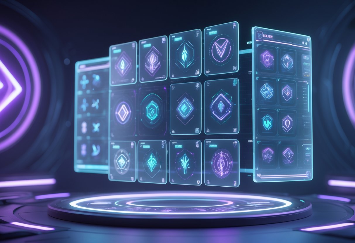 A 3D scene showing a floating holographic interface with glowing panels and symbols representing hero abilities, surrounded by faint outlines of heroes in a dark ambient environment.