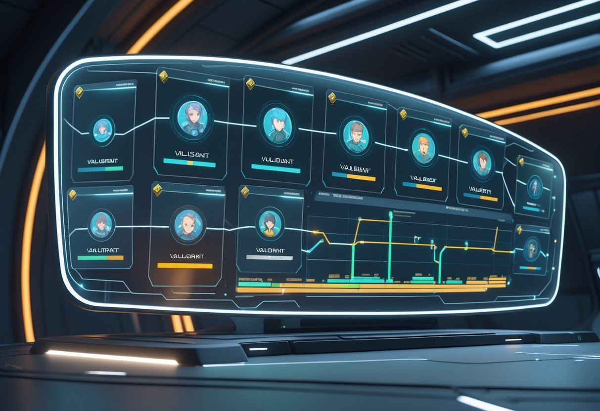 A futuristic digital dashboard displaying holographic panels with agent icons and timeline bars representing a release schedule in a high-tech control room.