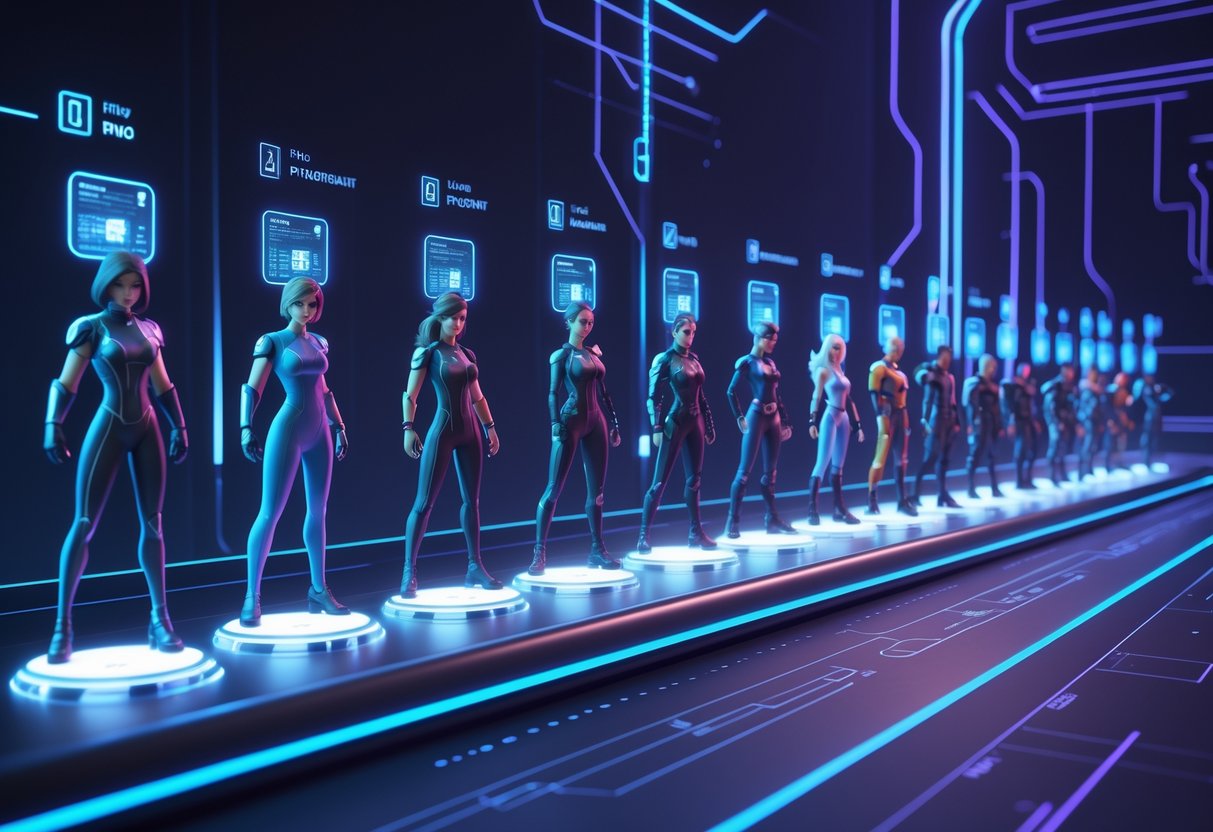 A 3D digital timeline displaying detailed models of Valorant agents arranged in order of their release, set in a high-tech environment with glowing platforms and holographic elements.