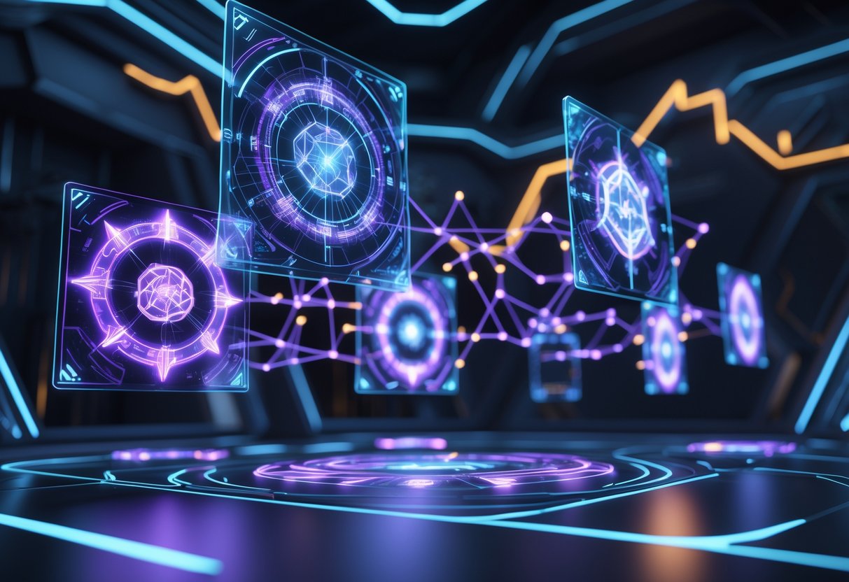 A 3D scene showing a glowing digital interface with floating holographic panels and interconnected nodes in a dark virtual environment.
