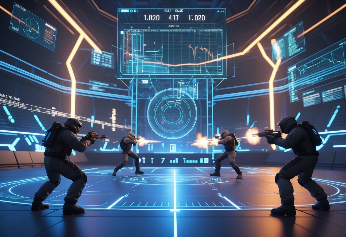 A futuristic digital arena showing two teams in a tactical firefight surrounded by holographic data and timing grids representing competitive gameplay and strategy.
