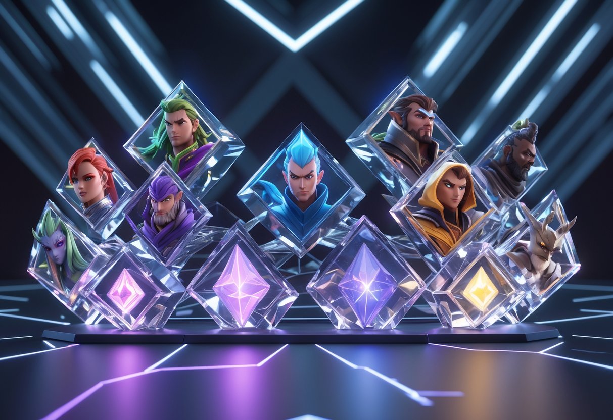 A 3D scene showing multiple glowing, colourful crystal-like panels representing different Dota 2 heroes connected by light trails in a dark digital setting.