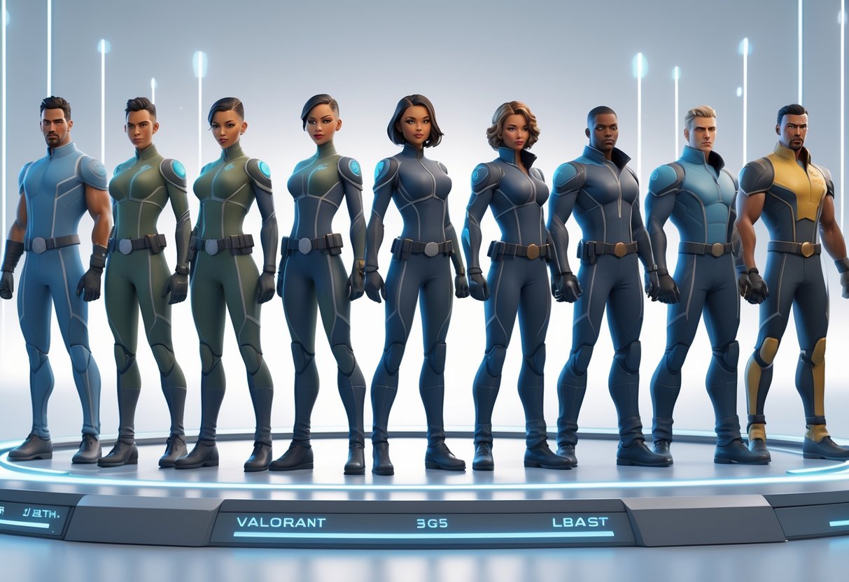 A lineup of Valorant agents standing side by side on a futuristic platform, arranged in order of their release dates.