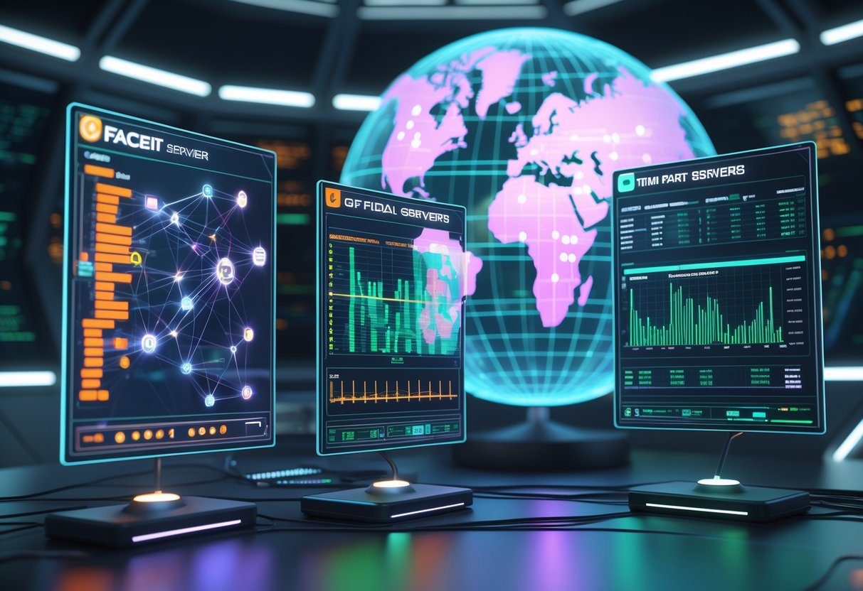 A futuristic control room with three holographic displays showing different gaming platforms and their network data, with a digital globe in the background representing global servers.