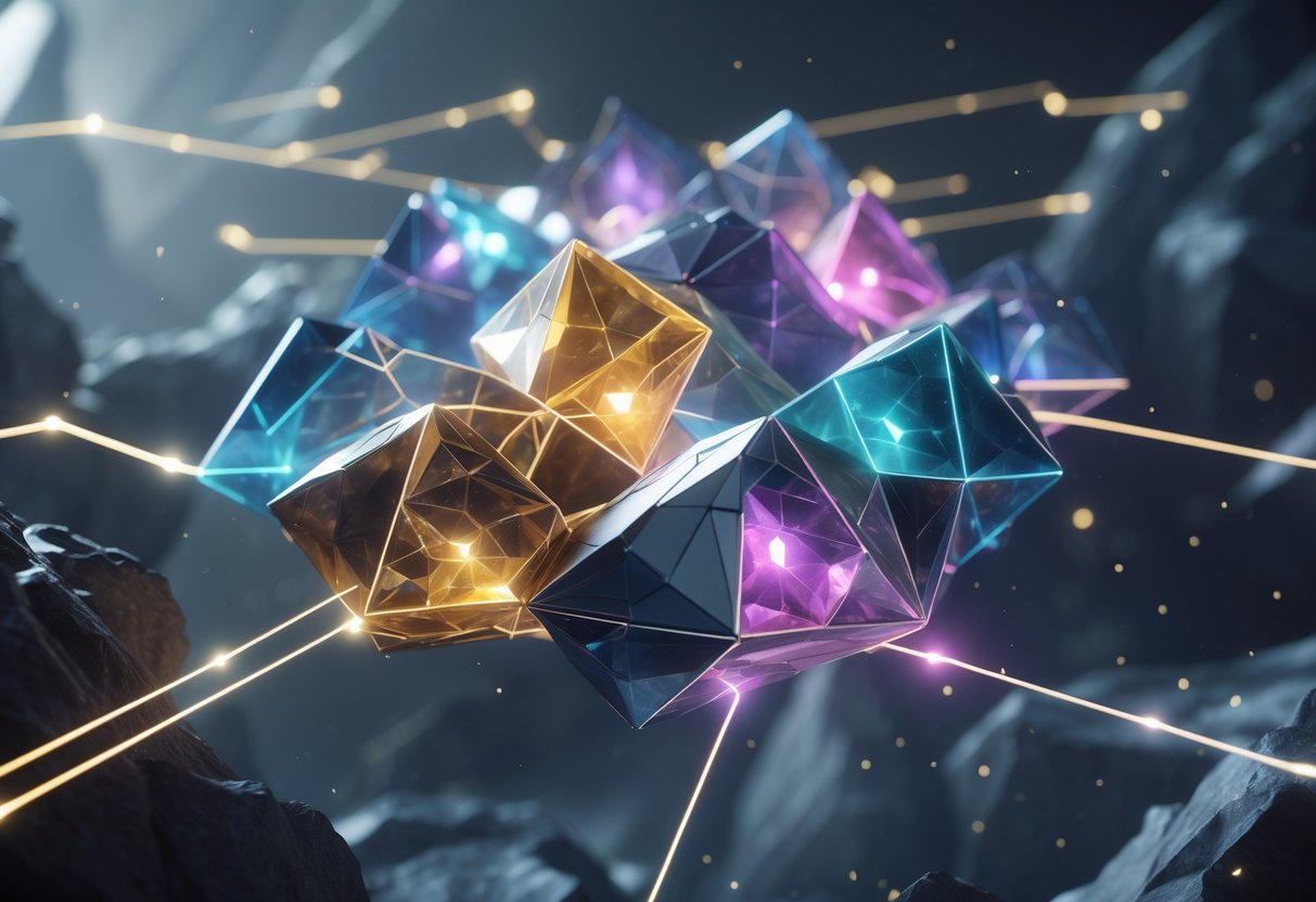 A 3D scene showing interconnected glowing geometric shapes floating in dark space, representing different playstyles.