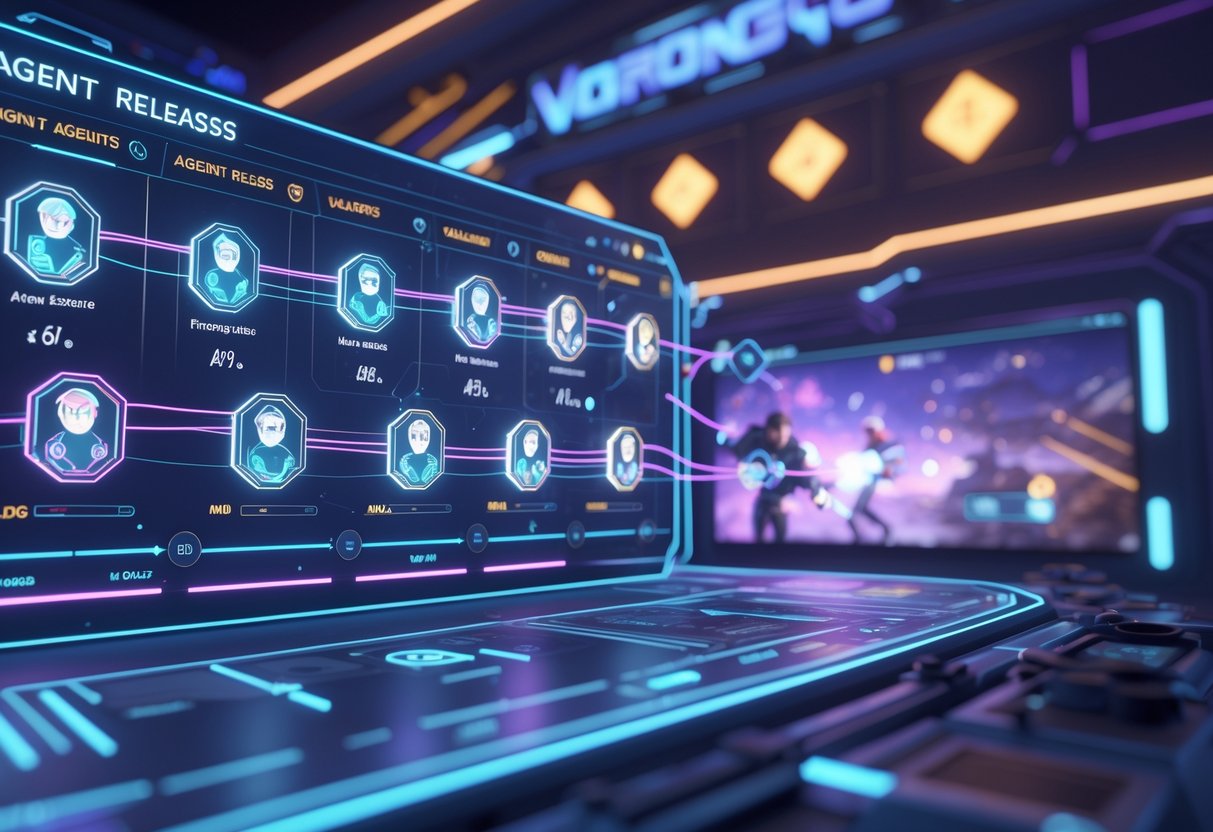 A 3D scene showing a digital timeline of Valorant agent releases connected to gameplay elements, with agents in action in a game environment.