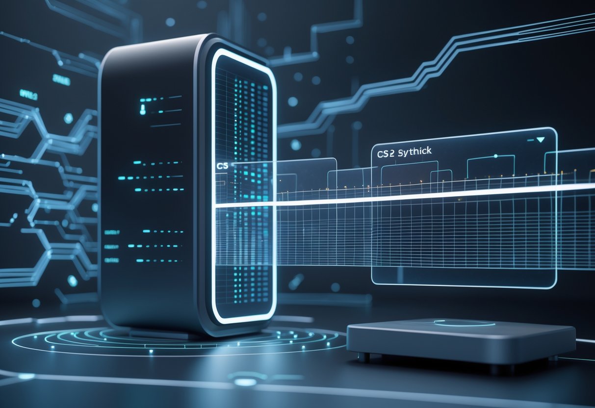 A 3D scene showing a server connected to a client device with glowing data streams and layered timelines representing precise synchronization points.