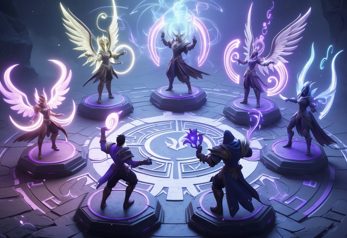 A group of distinct supporting heroes from Dota 2, each displaying unique magical abilities, standing together on a mystical battleground.
