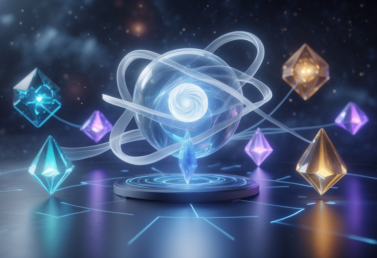 A glowing ball of light with translucent tendrils floats in space surrounded by colourful, crystal-like shapes connected by beams of light.