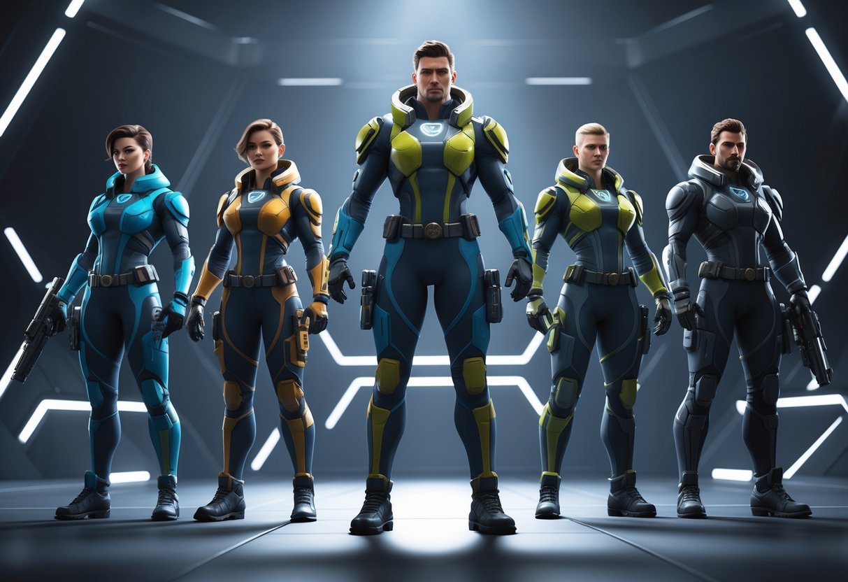 Five futuristic agents standing in a semi-circle under spotlights in a dark arena, each with unique gear and weapons.