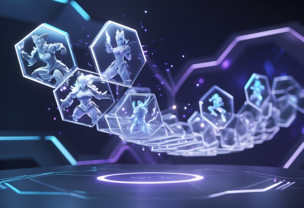 A 3D scene showing glowing interconnected hexagonal panels with abstract figures representing heroes, arranged in a spiral pattern against a dark background.