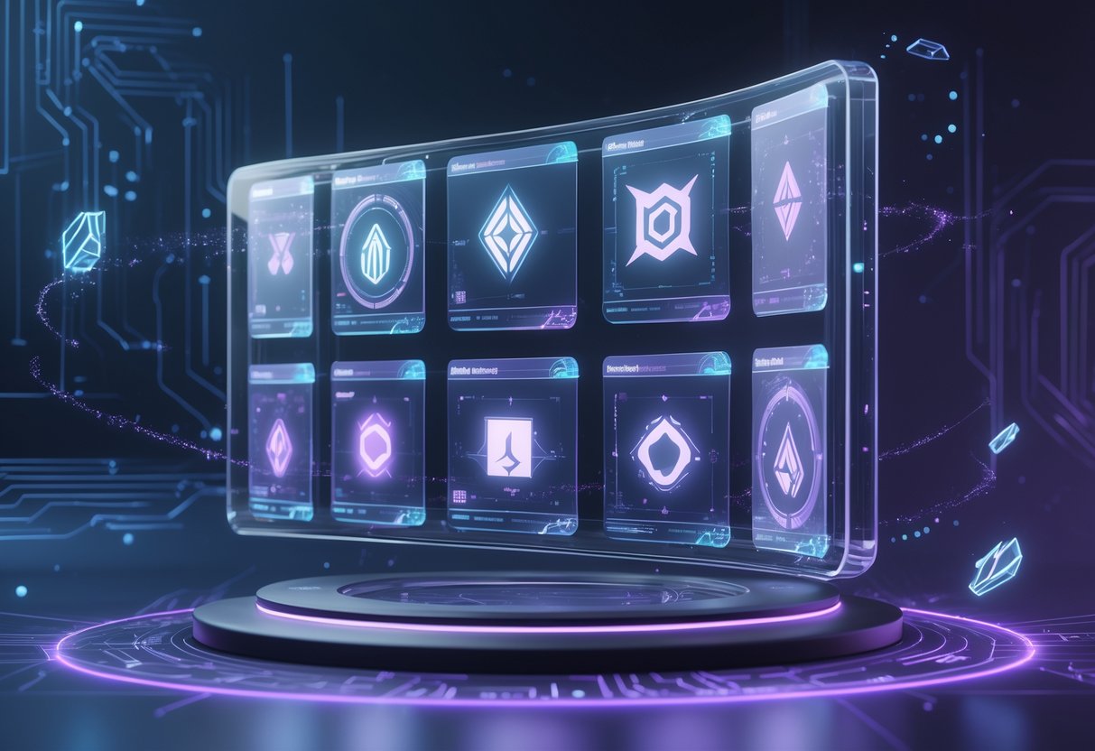 A 3D scene showing a futuristic holographic interface with floating panels and glowing symbols inspired by Dota 2, set in a dark digital environment with blue and purple lighting.