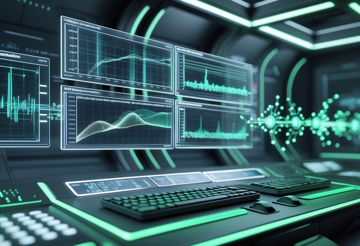A futuristic digital control panel with transparent screens and holographic nodes showing precise timing and data flow in a modern command centre.