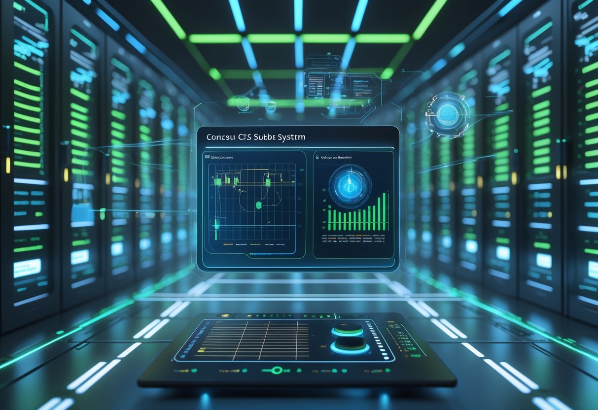 A 3D scene showing a high-tech server room with glowing servers, holographic controls, and digital graphs representing network connection and data flow.