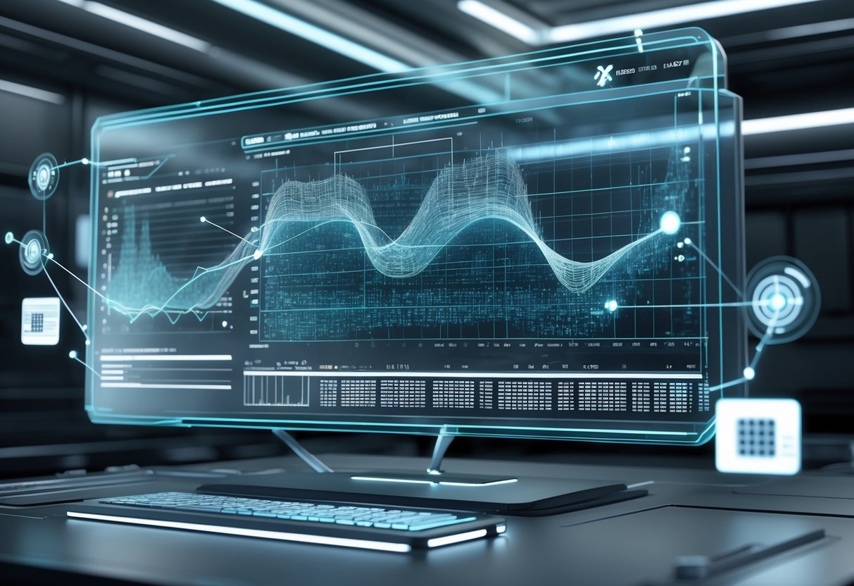 A 3D rendering of a futuristic computer interface showing a complex timing system with digital graphs and floating game-related icons in a high-tech control room.